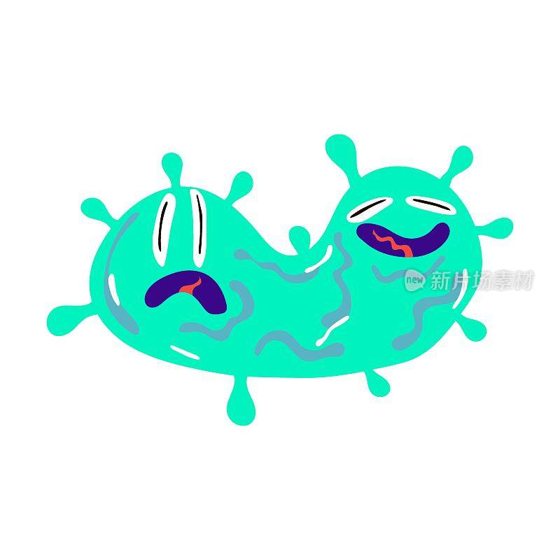 有趣的细菌和细菌。矢量插图丑陋的微型生物与可怕的脸，眼睛和牙齿