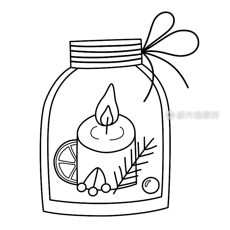 圣诞蜡烛在玻璃罐，香味蜡烛图标，矢量涂鸦插画罐与云杉，浆果，手工香薰，干果，干橙