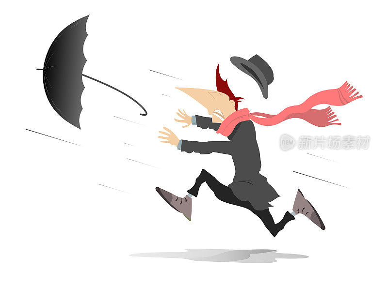 下雨了。强烈的风。跑的人丢了伞