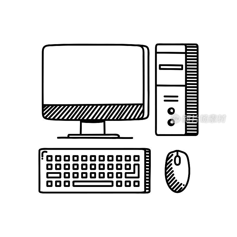 电脑线图标,草图设计,像素完美,可编辑笔画。计算机技术。