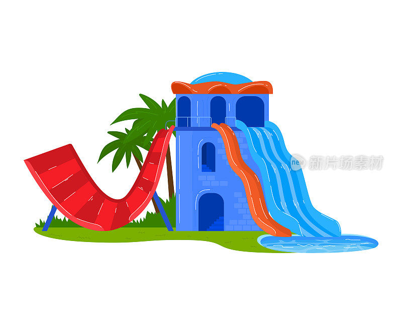 城堡滑梯，户外水上公园的趣味活动矢量插画。卡通暑假休闲，泳池设计适合玩耍。在水上公园娱乐