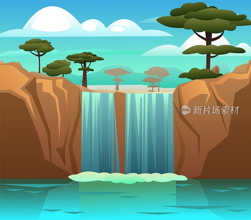 瀑布在岩石中。沙漠中的非洲金合欢。岩石和河流在石头之间的景观。水在流动。水花四溅。卡通趣味风格。平面设计。向量。
