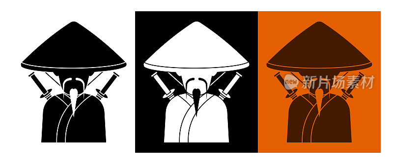 日本武士的剪影与胡子在国家草帽。穿着传统服饰，背着剑的古代战士。卡通人物。矢量隔离在白色背景上