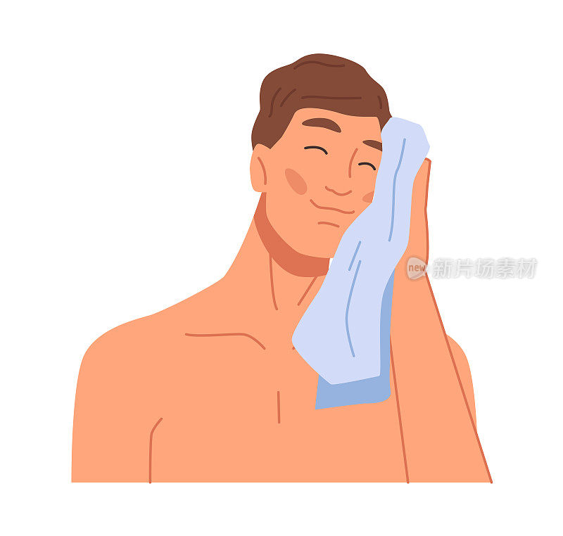 男性人士用软毛巾擦干面部皮肤，剃须后清洗。男子沐浴和美容程序后。平面卡通字符矢量