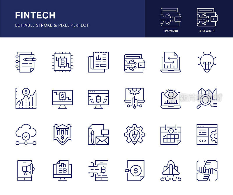 金融科技线图标。这个图标集包括加密货币，数字钱包，电子银行，股票市场等。