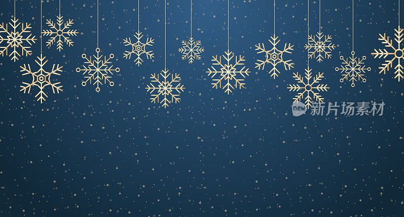 冬天的背景。金雪花。抽象的雪花边框。降雪背景。寒假主题。背景是雪花。矢量图
