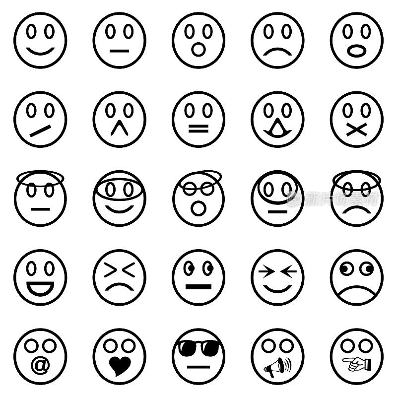 矢量手绘了一套现代椭圆卡通脸表情符号图标头像滑稽可爱的感情欢乐符号和标志网收集孤立的白色背景