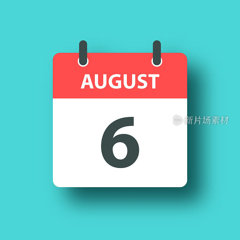 8月6日-每日日历图标蓝绿色背景与阴影