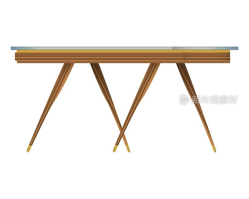 玻璃桌面木桌四分之三视图在现实主义风格。透明桌面。家居木质家具设计。