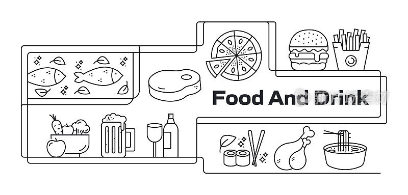 食品和饮料现代线横幅与图标。牛排，鸡肉，寿司，披萨，汉堡，浓缩咖啡，水