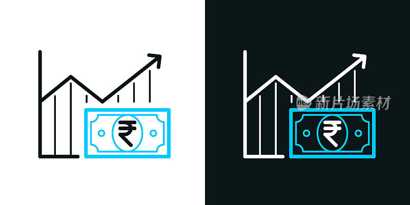 印度卢比钞票的增长图。黑色或白色背景上的双色线图标-可编辑的笔画