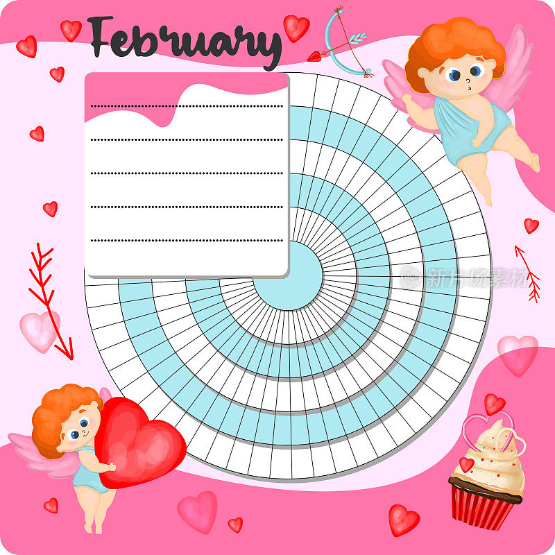 二月每月计划，每周计划，习惯跟踪模板和示例。模板议程，时间表，计划，清单，子弹日记，笔记本和其他文具。情人节主题