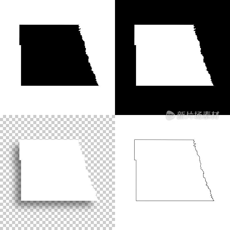 北达科他州的大福克斯县。设计地图。空白，白色和黑色背景