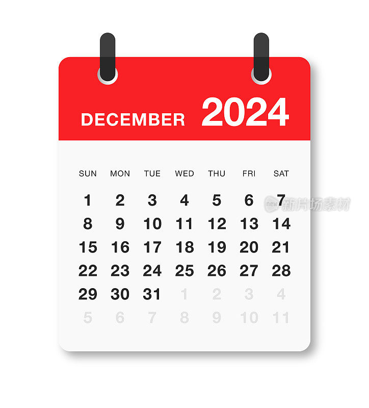 每月2024年12月日历星期日开始