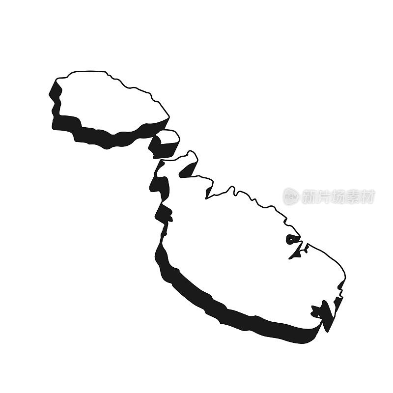 马耳他地图与黑色轮廓和阴影在白色背景