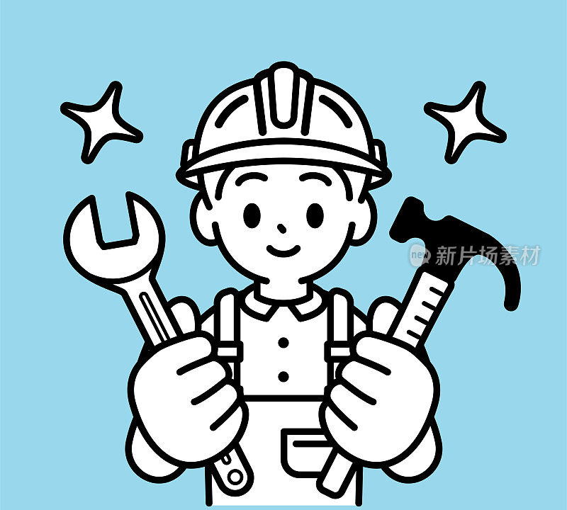 一个男孩戴着安全帽，穿着带背带或背带的工作服，拿着扳手和锤子，看着观众，一个简单的线条画或建筑工人或建筑工人的图标