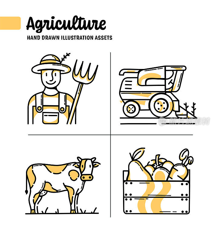 农民，联合收割机，牛，收获手绘图标