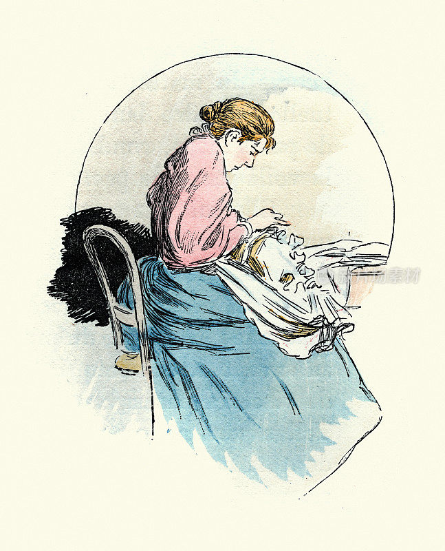 19世纪维多利亚时代的年轻女子缝纫，缝补衣服