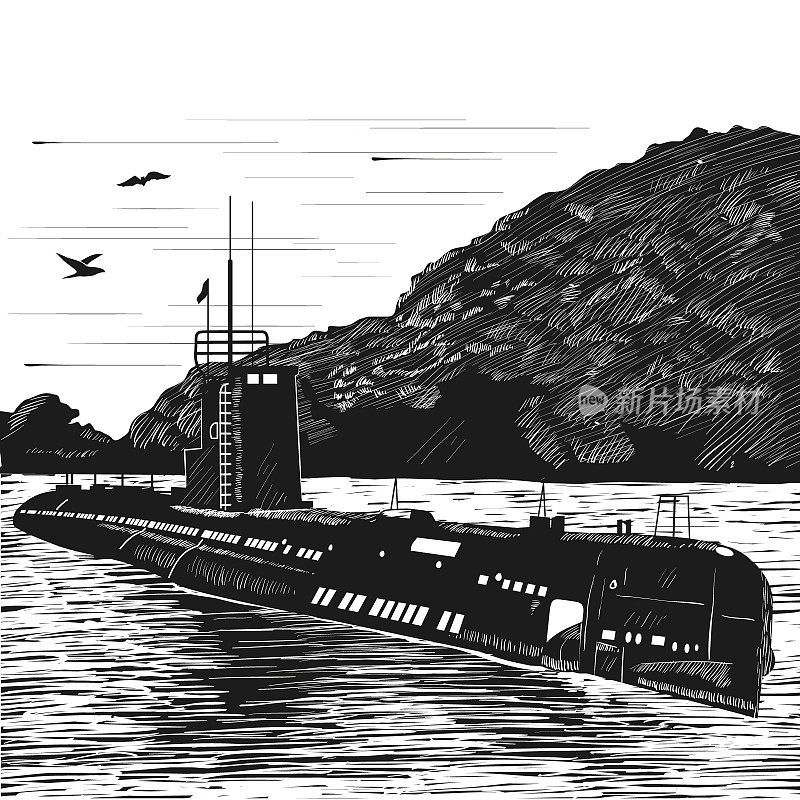 战后建造的柴油潜艇。核潜艇的船。雕刻的复古风格。黑白矢量插图。