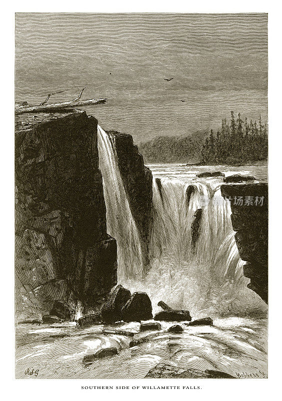 美国俄勒冈州喀斯喀特山脉威拉米特瀑布南侧，美国维多利亚版画，1872年