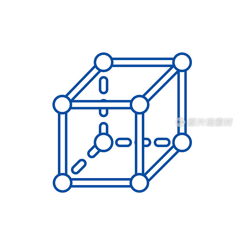 分子立方体线条图标概念。分子立方体平面矢量符号、符号、轮廓说明。