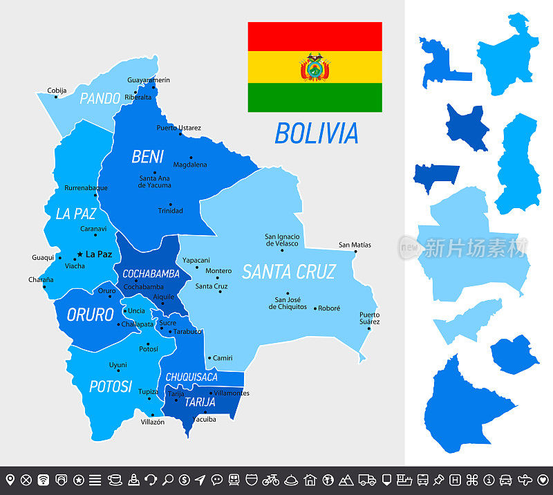 玻利维亚地图与国旗，分开的省份和导航图标