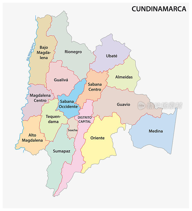 哥伦比亚坎迪纳马卡省行政和政治矢量地图