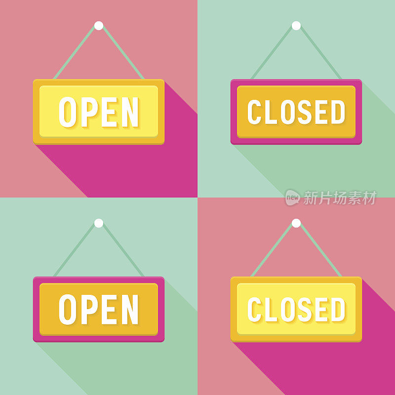 黄色，粉红色，青色开放和关闭的标志集