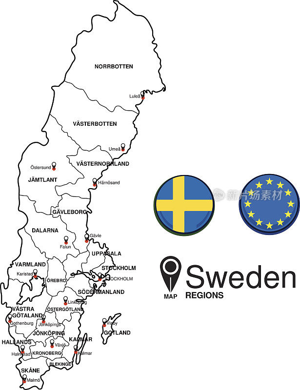 带有旗帜的瑞典领土地图