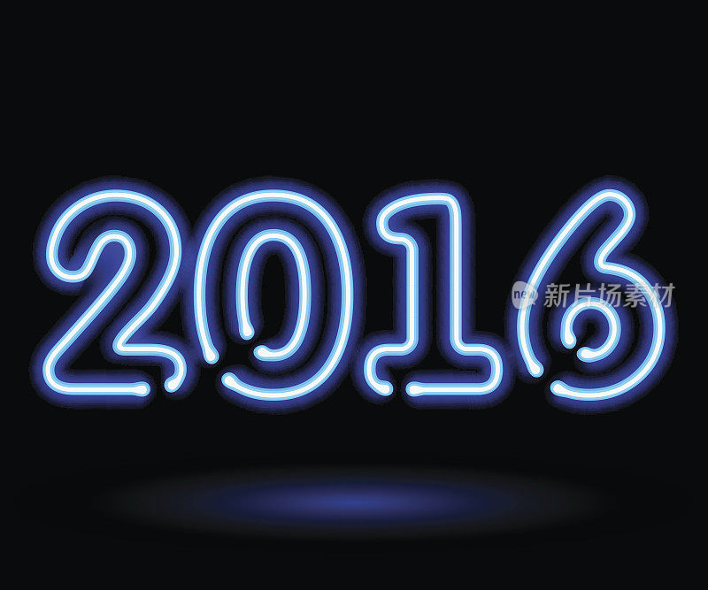 蓝色霓虹灯闪烁着2016年新年快乐的象征