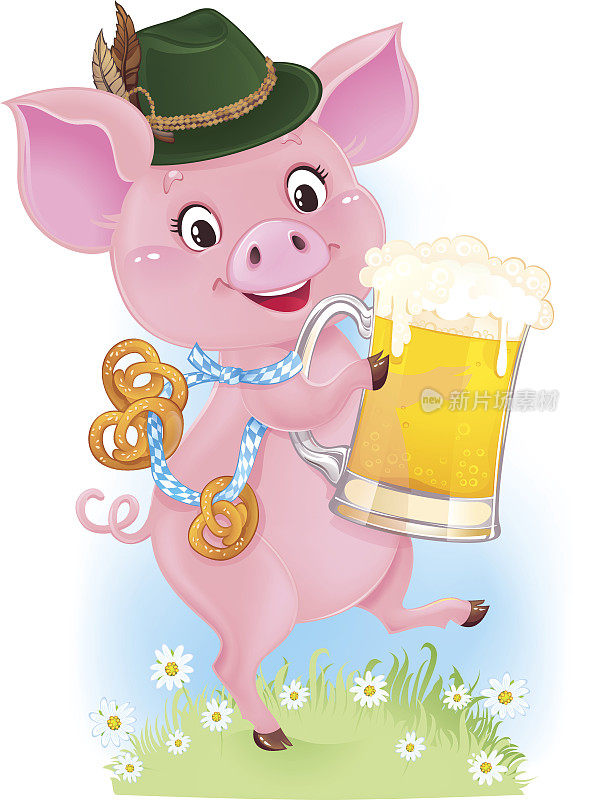 可爱的跳舞小猪拿着啤酒杯和椒盐卷饼