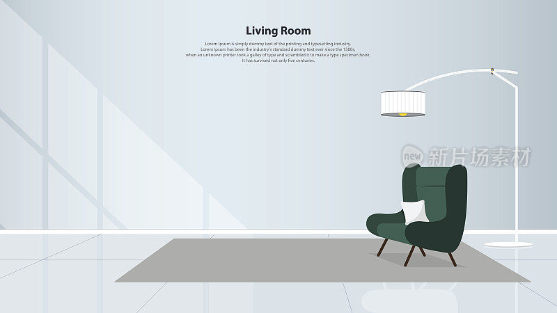 家居室内设计与家具。有绿色扶手椅的客厅。向量