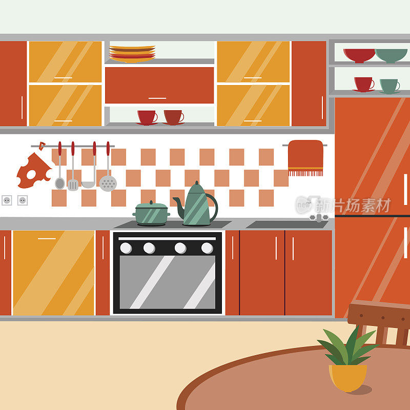 厨房内部矢量插图。卡通平的风格