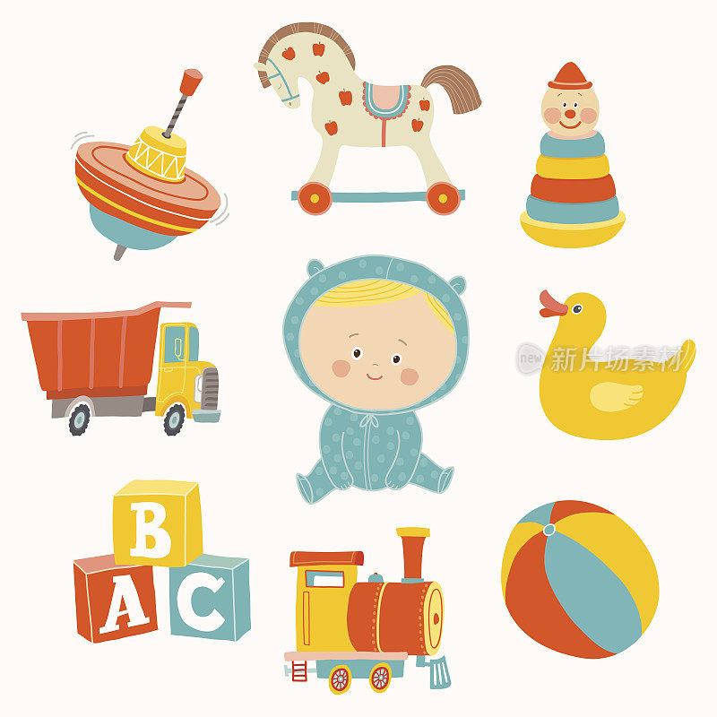 小男孩玩具:球、积木、橡皮鸭、摇木马、玩具火车、金字塔、旋转陀螺、玩具卡车。