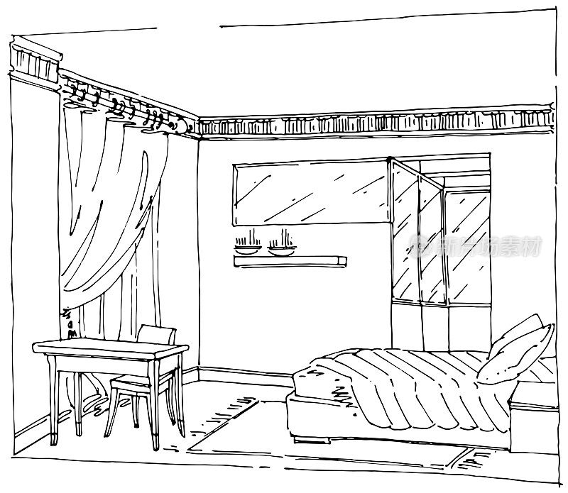 一个更现代化的卧室室内草图。矢量图