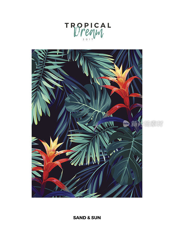 花垂直明信片设计与古兹曼花，怪兽和皇家棕榈叶。奇异夏威夷矢量背景