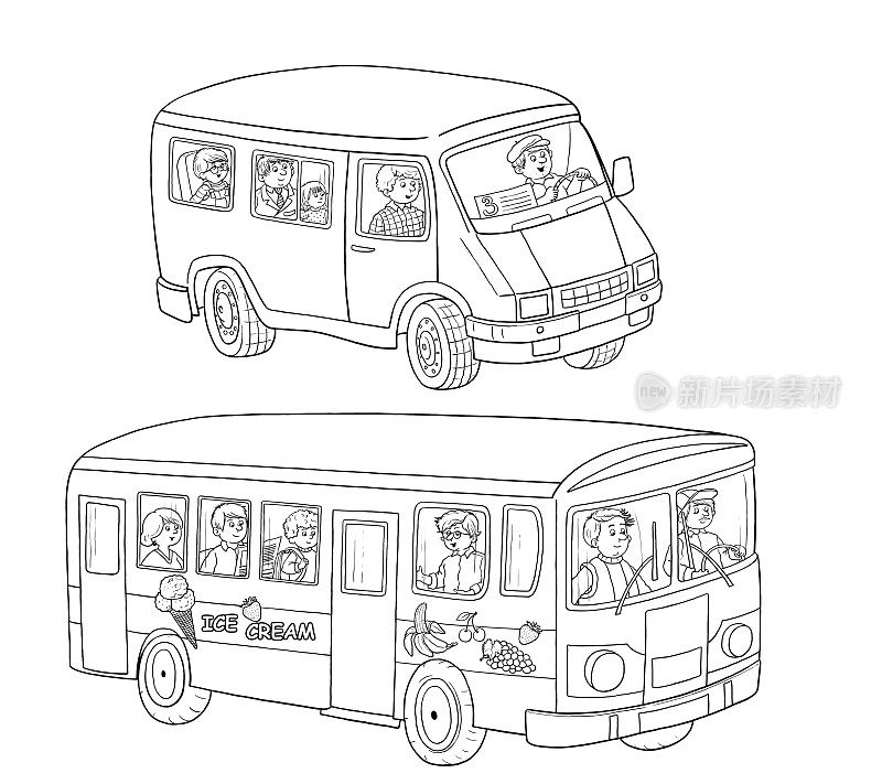 流量。着色页面。一辆公共汽车。对儿童插图。可爱和有趣的卡通人物
