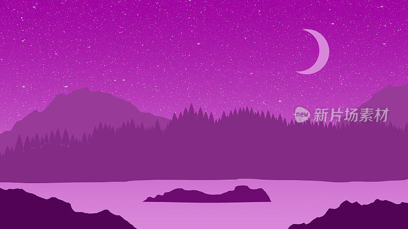 山湖夜景与星星，新月和红杉林