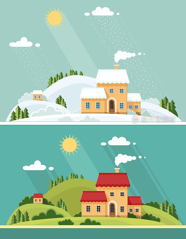 夏季和冬季景观。山上的房子很漂亮，景色很美。平面设计风格矢量插图。