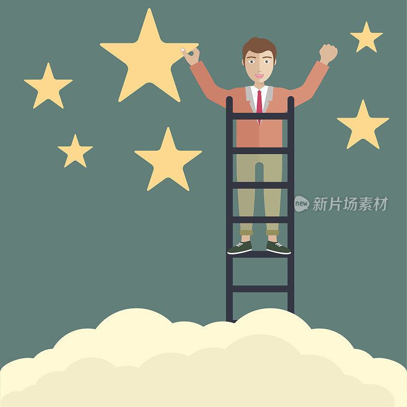 比喻事业成功或达到目标。商人站在梯子上伸手去抓星星。矢量插图。