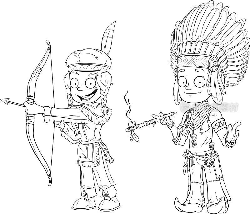 卡通印第安酋长与管道年轻的战士角色向量集