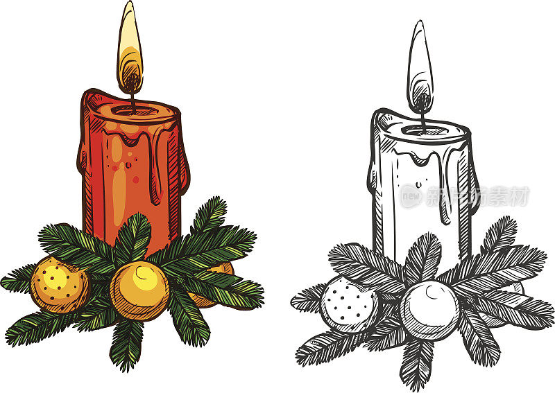 12、圣诞树弯，蜡烛孤素描