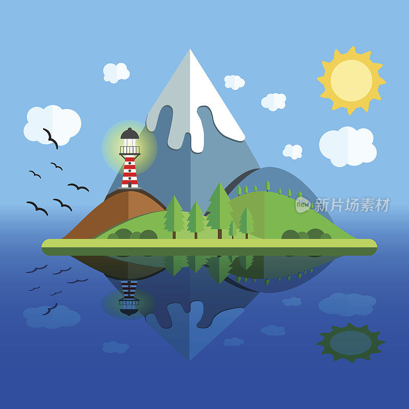 有山、山、树和鸟的天堂岛。夏季假期航行概念。平面风格的插图。旅游的背景。