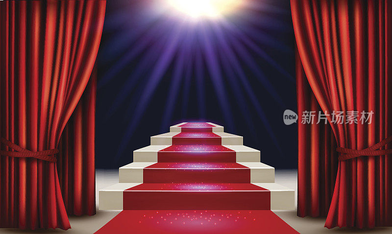 展厅里铺着红地毯，通向挂着窗帘的讲台。