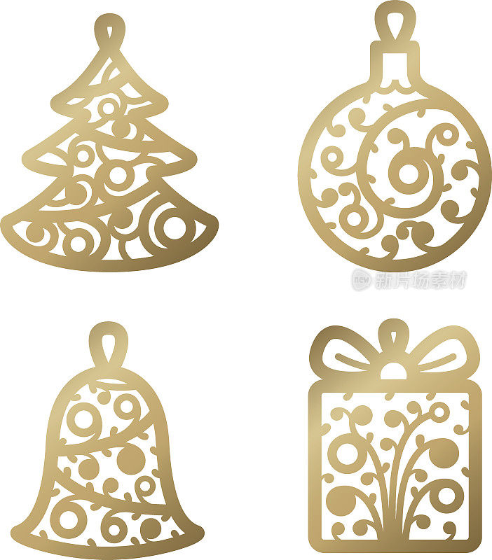 新年装饰。圣诞树上的金色圣诞装饰。