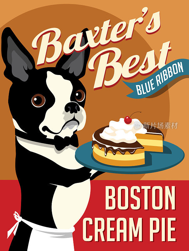 虚构的海报，可爱的波士顿梗和波士顿奶油派。矢量插图。