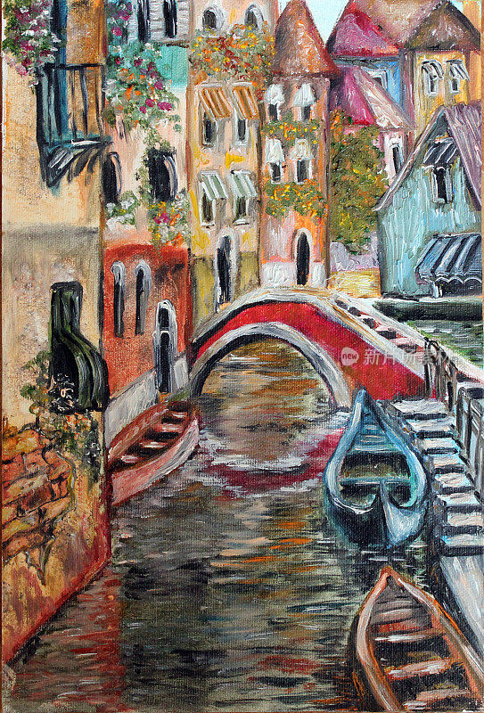威尼斯大街上五彩缤纷的美术油画
