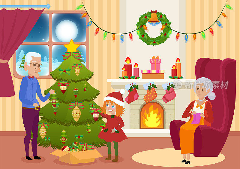 矢量插图的孙女和祖父装饰圣诞树，而祖母编织。圣诞夜的名片。