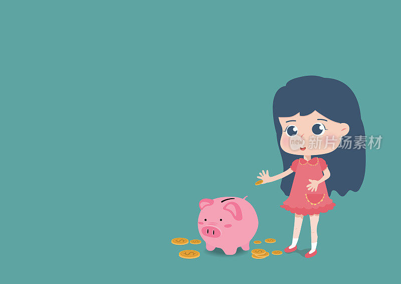 可爱的女孩把硬币放在小猪储蓄罐里存钱成长的理念