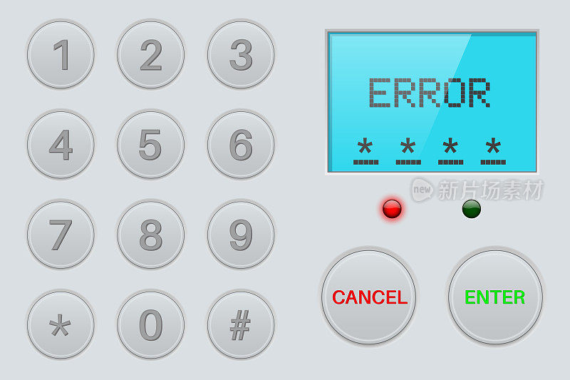 Pin错误显示数字按钮。灰色塑料背景与蓝色屏幕